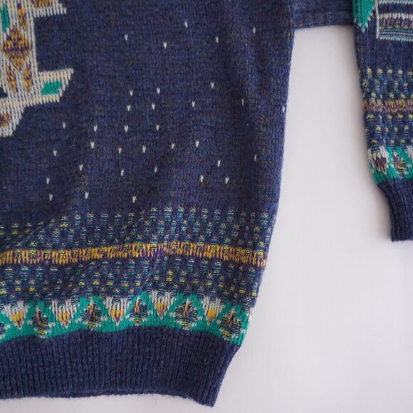VTG '80s Koman Blue Green Biggie Cosby Eclectic Grandpa Crewneck Knit Sweater XL - Picture 7 of 10